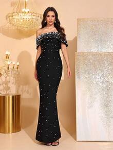 全新优雅珍珠水钻缀饰露肩露背无袖紧身超长绷带连衣裙，女士正式晚礼服，适合正式场合、生日派对、舞会、复活节 - 黑色 - 查看 2