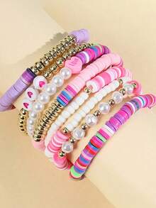 Set de 8 pulseras bohemias lindas para niñas - Corazón de arcilla de colores aleatorios y perlas de arcoíris falsas, diseño elástico apilable, accesorio para combinar a diario y regalo - Multicolor - Ver 2