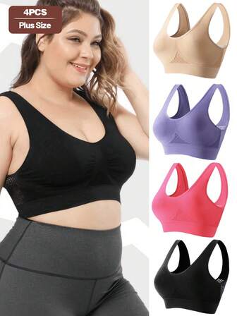 4pcs Plus Size Hollow Mesh Sports Bras For Women, Wireless Shockproof Yoga Running Seamless Activewear Bras