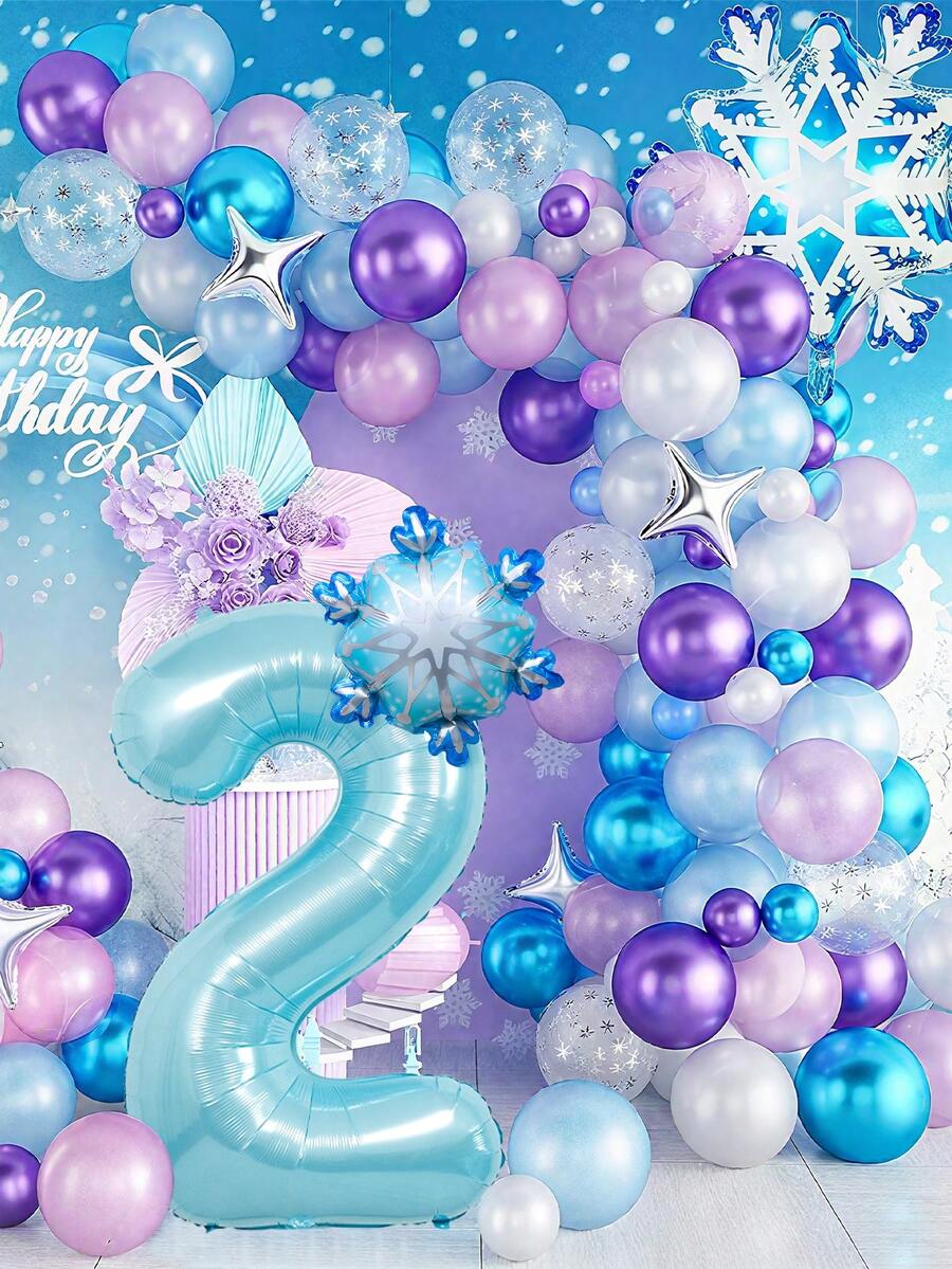 100 件冰雪主题蓝色数字生日花环拱门气球套装，包括雪花铝箔气球、金属紫色、蓝色、雪花印花蓝色乳胶气球，适合公主生日派对、冰雪奇缘主题、圣诞装饰 - 彩色 - 查看 1
