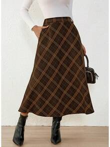 High Waisted A Line Midi Skirts Women With Pockets, Plaid, Elegant, Work Dress, Long, Wool Tartan, Flowy, Fall & Winter Skirts, Going Out Outfits Women, Coffee Color - 棕色 - 查看 4