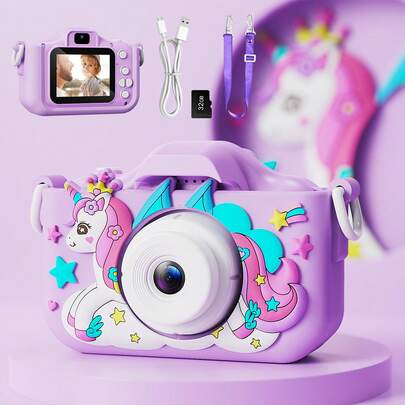 RIVGOT [Certified For Children] 1pc Silicone Protective Case Unicorn Selfie HD Camera, Rechargeable Electronic Digital Camera With Front & Rear Cameras, Includes 32G SD Card, Portable Camera Toy Suitable For 3-12 Years Old Girls & Boys, Back To School, Birthday Gift