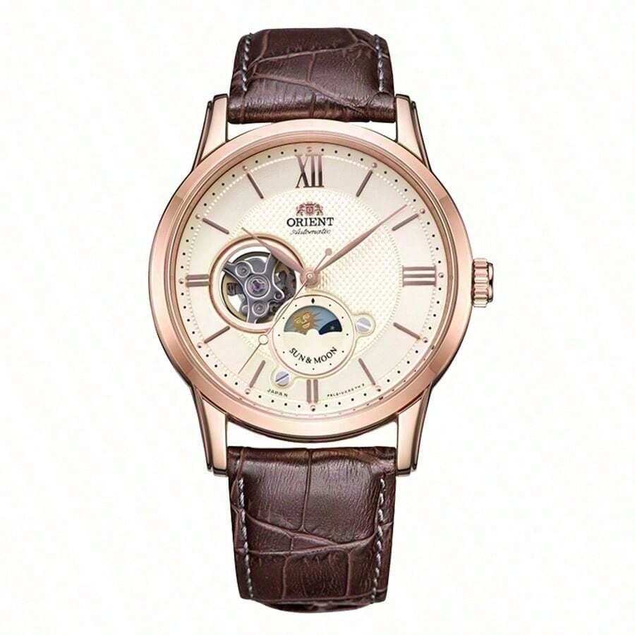Orient Automatic Mechanical Watch Men's Sun And Moon Dial Watch Men's Business Watch Rose Gold Belt RA-AS0003S00B