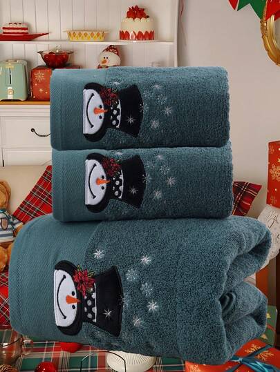 QIBHI 3/1 st. broderad snögubbehatt med julmotiv, 1 st. handduk/badhandduk, julklapp, handduk/badhandduk för par till fest, juldekorationer för dusch, skönhetssalong, hotell, sportartiklar, heminredning, handduk, hudvårdshanddukslakan