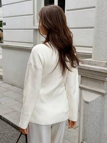 PoPoHouse 女士上衣，适合日常通勤上班穿着，深V半开襟纯色长袖修身设计，保暖舒适，柔软罗纹针织，优雅时尚，春季服装，白色 - 白色 - 查看 2