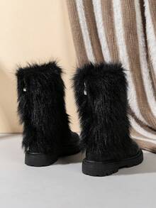1 par de botas altas de piel de ante suave y cómoda para niñas pequeñas/niñas pequeñas, con forro de peluche, cremallera, puntera redonda, forro cálido, adorno de pelo para botas de nieve de invierno, adecuadas para niñas de 3 a 15 años para uso diario, vacaciones, otoño/invierno - Negro - Ver 3