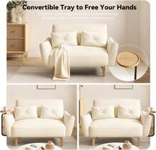 Loveseat Sofa, 47" Velvet Couch For Bedroom, Convertible Wooden Tray & Ergonomic Armrest, For Small Space, Apartment, Living Room, Home Office, Easy Assembly, Beige,24327505 - 米色 - 查看 5
