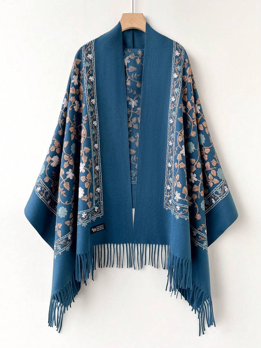1pc Women's Autumn/Winter Faux Cashmere Embroidered Scarf, Thick Warm Tasseled Embroidered Bohemian Style Travel Shawl Poncho - Blue - View 1