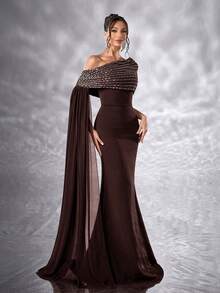 YISIKADO Women Elegant Ball Gown Rhinestone One Shoulder Shawl Sleeveless Formal Evening Dress Mermaid Fishtail Hem Prom Party Dress Elegant Wedding Guest Prom Party Banquet Dinner Graduation Adult Ceremony Celebration Concert Red Carpet Ceremonial Dress - 鏽棕色 - 查看 3
