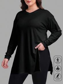 SUPEKYKO Plus Size V-Neck T-Shirt - Women Loose Fit Activewear Top, Casual Long Sleeve Shirt - Black - View 2