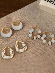 3 对复古优雅琥珀色树脂镶嵌耳环套装，适合日常、派对和正式场合，秋冬 - 白色 - 查看 4