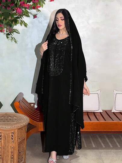 Elegant Women's Long Batwing Sleeve V Neck Woven Fabric Arabian Dress With Rhinestone Detail Spring Black