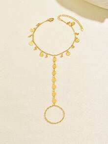 1pc Gold Chain With Round Coin & Bell Pendant Anklet, Suitable For Women's Beach Vacation Exotic Style Wear - Golden - View 10