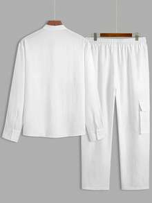 Plus Size Men's Breathable Casual Solid Color Mandarin Collar Button-Up Long Sleeve Shirt With Cuff Design, Loose Fit Lightweight, Paired With Solid Color Pants, Ideal For Outings And Commuting, 2-Piece Set