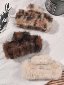 3 Stück Leoparden-Muster Plüsch warm vielseitig schicke elegante mittelgroße quadratische Haarklammern, geeignet für Teegesellschaften und Bälle, elegante Haaraccessoires für Herbst/Winter, elegante Haarklammern, Winterhaarklammer für Sommeroutfits, Festivals, Partys - Verschiedenfarbig - Übersicht 2