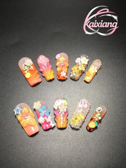 Each Set Includes 10 Pieces Of Y2K Square-Style Handmade Acrylic Nails, Featuring French Designs With Leopard Print, Rhinestones, Star, And Petal Decorations. Available In Multiple Color Tones And Nude Shades. Three Sizes Are Included To Fit Various Needs, Perfect For Parties, Galas, And Daily Wear. A Manicure Tool Kit Is Also Provided, Making It The Ideal Gift For Women And Girls. Press-On Nails (Worn Nails).