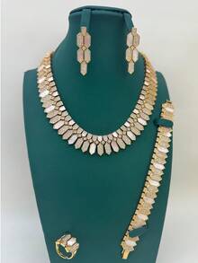 4pcs Dubai Style Luxury Seashell Jewelry Set, Micro-Inlaid Zirconia Necklace, Bracelet, Ring, Earrings, Fashionable Middle Eastern Style, Suitable For Daily Wear, One Size