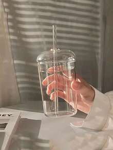 450毫升透明玻璃杯带盖和吸管，玻璃果汁/饮料/咖啡杯，简约水杯 - 彩色 - 查看 4