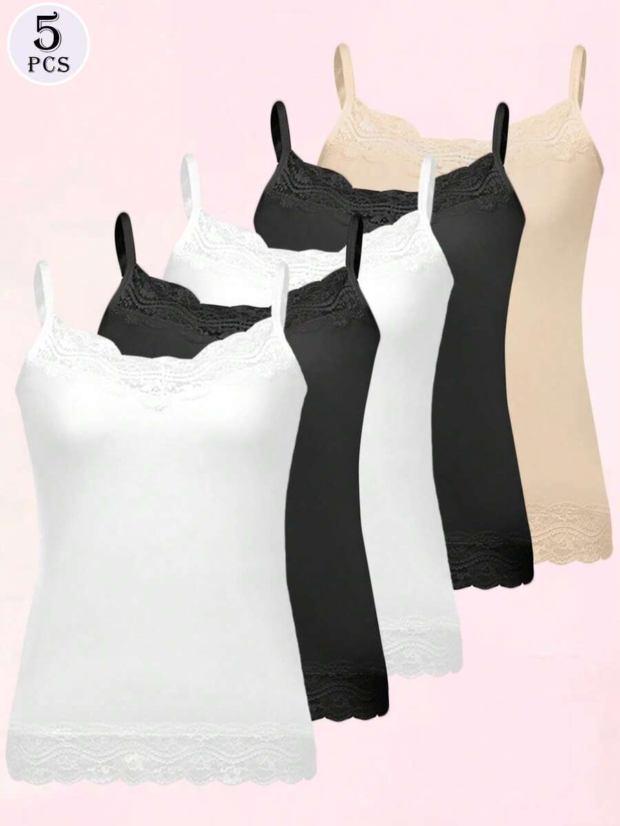 5 件/包 女士蕾丝花边吊带背心 背心 内衣 无袖吊带背心 - 彩色 - 查看 1