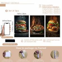 Set de 3 carteles de lienzo creativos sin marco, pintura de hamburguesa y pizza, pintura de lienzo, obra de arte de pared, adecuada para decoración del hogar, decoración de habitación, decoración de dormitorio, decoración de sala de estar, decoración de cocina, decoración de pared, arte de pared opcional con marco