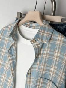 YUXIN 女士复古格子风衣外套，高端时尚宽松长袖衬衫，适合秋冬季穿着 - 藍卡色 - 查看 8