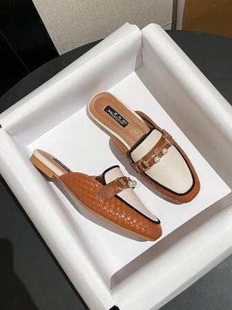 Mengshangli Sandalias de unicolor para mujer, zapatos de playa/oficina/vacaciones con incrustaciones metálicas y ribete de contraste, para primavera/verano