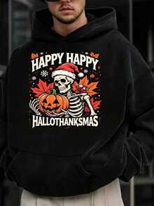 Happy Halloween Thanksgiving Skeleton Pumpkin Christmas Hat Graphic Hoodie - Funny Spooky Holiday Sweatshirt For Men And Women, Perfect For Fall Parties, Trick-Or-Treating, Christmas Gifts, And Holiday Events, Casual Style, Loose Fit, Long Sleeve, Pullover, Fall/Winter Collection, Halloween Apparel | Playful Graphic Hoodie | Stretchy Fabric, Halloween Costumes,Fall Hoodies,Men's Fall Clothes,Street Wear,Halloween,Mens Hoodies,Y2k Clothes,Jesus Hoodie,Thanksgiving Day,Nightmare Before Christmas,Christmas - 黑色 - 查看 1