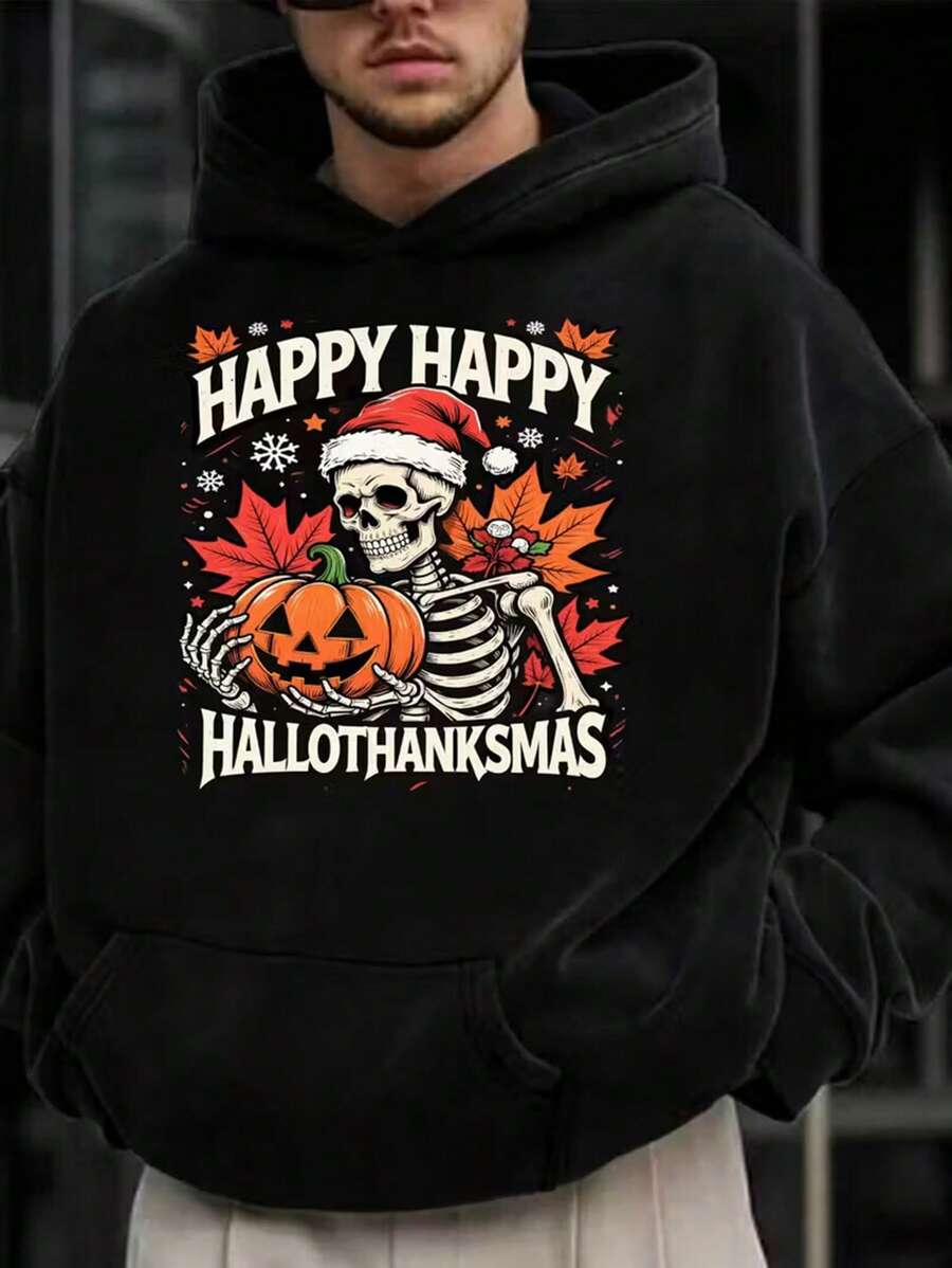 Happy Halloween Thanksgiving Skeleton Pumpkin Christmas Hat Graphic Hoodie - Funny Spooky Holiday Sweatshirt For Men And Women, Perfect For Fall Parties, Trick-Or-Treating, Christmas Gifts, And Holiday Events, Casual Style, Loose Fit, Long Sleeve, Pullover, Fall/Winter Collection, Halloween Apparel | Playful Graphic Hoodie | Stretchy Fabric, Halloween Costumes,Fall Hoodies,Men's Fall Clothes,Street Wear,Halloween,Mens Hoodies,Y2k Clothes,Jesus Hoodie,Thanksgiving Day,Nightmare Before Christmas,Christmas - 黑色 - 查看 1