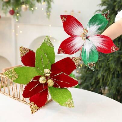 1 pièce Ornement de fleur de Noël en velours Décoration de scène de Noël Fleur artificielle de simulation pour sapin de Noël et arrangement de branches