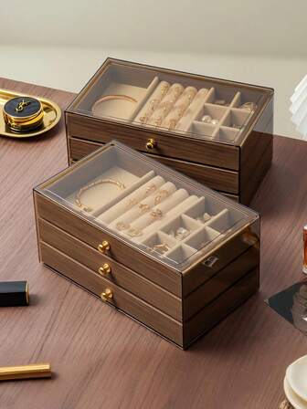 3-stöckige Holz-Schmuckbox mit transparentem Acryldeckel, stapelbarer Tischorganizer für Ohrringe, Ringe, Halsketten, Armbänder und Anhänger, Mehrebeniges Design bietet viel Stauraum, ideales Geschenk für Feiertage, elegante Badezimmer- und Schminktisch-Aufbewahrungslösung, klassischer Aufbewahrungskasten