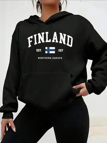 Women's Finland Hoodie - Heather Gray Casual Pullover With Finnish Flag & "EST 1917 NORTHERN EUROPE" Print, Machine Washable All-Season Comfort Sweatshirt For Women, Hooded Neckline, Comfortable - 黑色 - 查看 9