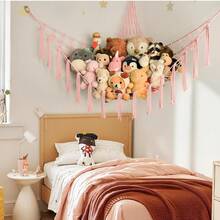 大型毛绒动物收纳吊床角网 - 粉色房间装饰，适合少女 - 玩具收纳悬挂式动物收纳架，可爱物品 - 波西米亚风宿舍卧室装饰美学 - 彩色 - 查看 9