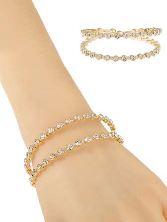1 pieza Brazalete elástico de cristal de 2 filas de estilo minimalista y de moda, versátil para fiestas y uso diario