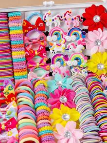 175 Stücke buntes Haarschmuck Set für Mädchen, süße Regenbogen Einhorn Haarspangen, Strass Blumen Haarnadeln, bedruckte Schleifen Haargummis, elastische Tüll Haargummis, vielseitig für den täglichen Gebrauch und Partys