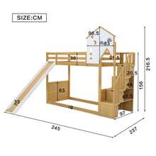 Etagenbett, Hausbett, Kinderbett, Bett mit Ecktreppe, Kinderbett mit Dach und Fenster, Kinderbett mit 3 Schließfächern in der Treppe, Etagenbett mit Rutsche, Kiefer+MDF, Weiß+Natur, 90x200cm