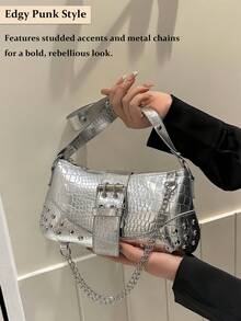 Vintage Punk Studded Underarm Bag For Women, Crocodile-Embossed PU Leather Purse With Metal Chain Decor - Solid Color Rivet Chain Shoulder Bag For Handheld & Shoulder Carry, Hot Girls Clutch Evening Bag Banquet Square Handbag & Satchel Purse For Wedding Party Prom, Women's Chain Decor Underarm Bag Casual Phone Coin Bags,Fashionable Niche Design, Steampunk, Goth,Bag For Women, Cool Girls Street Wear,Perfect For Music Festival, Concert, Rock Style Bag For Women For Evening Events, Concerts, Dates, Holds Phone, Lipstick, Keys In Edgy Gothic Style[US Local Warehouse] - 彩色 - 查看 4