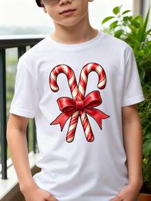 Playeras de niño Diseño de lazo de bastón de caramelo navideño tops para adolescentes camisas para niño Regalos navideños Camisetas navideñas Camiseta de Halloween para niñas Camisetas de niña Camisetas para niños y niñas La tela es suave, transpirable y cómoda, hecha de puro algodón. - Blanco - Ver 1