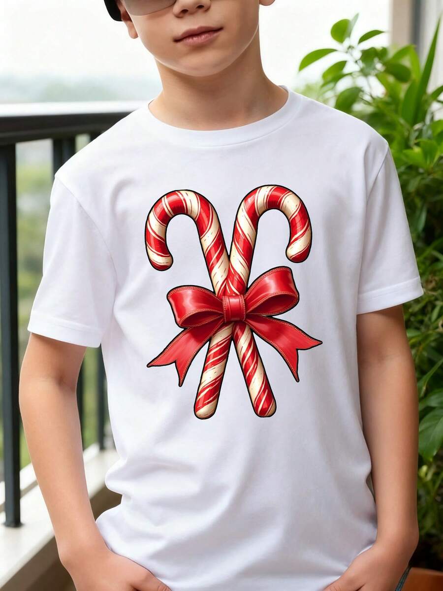 Playeras de niño Diseño de lazo de bastón de caramelo navideño tops para adolescentes camisas para niño Regalos navideños Camisetas navideñas Camiseta de Halloween para niñas Camisetas de niña Camisetas para niños y niñas La tela es suave, transpirable y cómoda, hecha de puro algodón. - Blanco - Ver 1