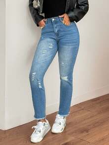 Y2K Straßen Crop Jeans mit Stretch, hoher Taille, Destroyed-Optik, ausgefranster Saum, Slim Fit, schräge Taschen, Denimhose, Bürooutfit Herbstmode für Frauen