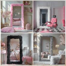 Full Length Mirror Free Standing Furry Faux Fur Framed Full Body Floor Mirror Wall Mounted Leaning Hanging Wall For Bedroom Hallway Entrance, 71"X32", Black,24331416,Selfie Mirror, Apartment Friendly - 黑色 - 查看 5