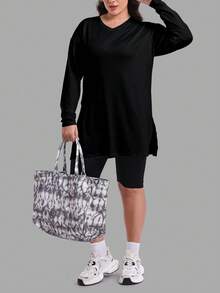 SUPEKYKO Plus Size V-Neck T-Shirt - Women Loose Fit Activewear Top, Casual Long Sleeve Shirt - Black - View 5