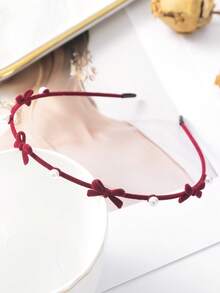 1件装 时尚秋冬植绒蝴蝶结仿珍珠合金简约发箍 女士发饰 - 紅色 - 查看 5