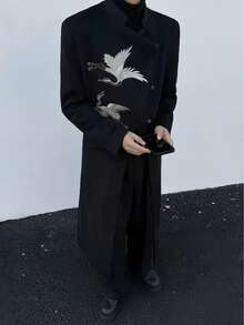 New Chinese Style, Crane, Embroidery, Woolen Fabric, Diagonal Collar, Hidden Button, Silhouette, Fashionable, Versatile, Casual, High-End, Handsome, Coat, Woolen Coat - màu đen - Xem 8