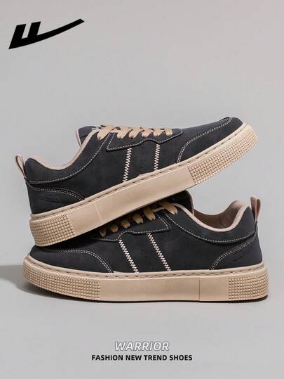  1 Pair WARRIOR Men's Thick Sole Lace-Up Soft Bottom Casual Shoes, Low-Top Outdoor Flat Shoes, Round Toe Low Heel Non-Slip Solid Color Elegant Soft Bottom Hiking Shoes Suitable For Students Graduation Photos, Men Low-Top Leather Sneakers