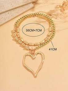 2件套复古夸张时尚金属心形吊坠项链，不对称仿珍珠项链，女士日常佩戴及海滩假日派对装饰饰品套装礼品 - 金色 - 查看 4