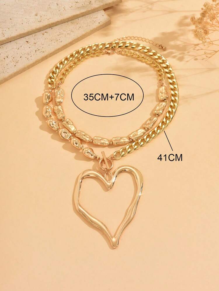 2 piezas Conjunto de joyería decorativa de collar con colgante de corazón de metal vintage exagerado y collar asimétrico de perlas falsas, para uso diario, playa, fiesta, regalo - Dorado - Añade 4