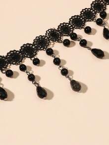 1pc Gothic Style Spider Web Lace Pendant Necklace, Black Tassel Choker Necklace - Black - View 6