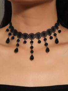 1pc Gothic Style Spider Web Lace Pendant Necklace, Black Tassel Choker Necklace - Black - View 4