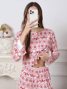 两件套女士休闲圣诞新年罗纹印花针织抽绳长袖上衣和裤子家居服套装，适合居家穿着，冬季服装 - 紅色 - 查看 5