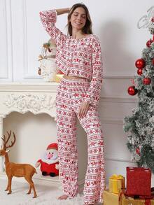 两件套女士休闲圣诞新年罗纹印花针织抽绳长袖上衣和裤子家居服套装，适合居家穿着，冬季服装 - 紅色 - 查看 4